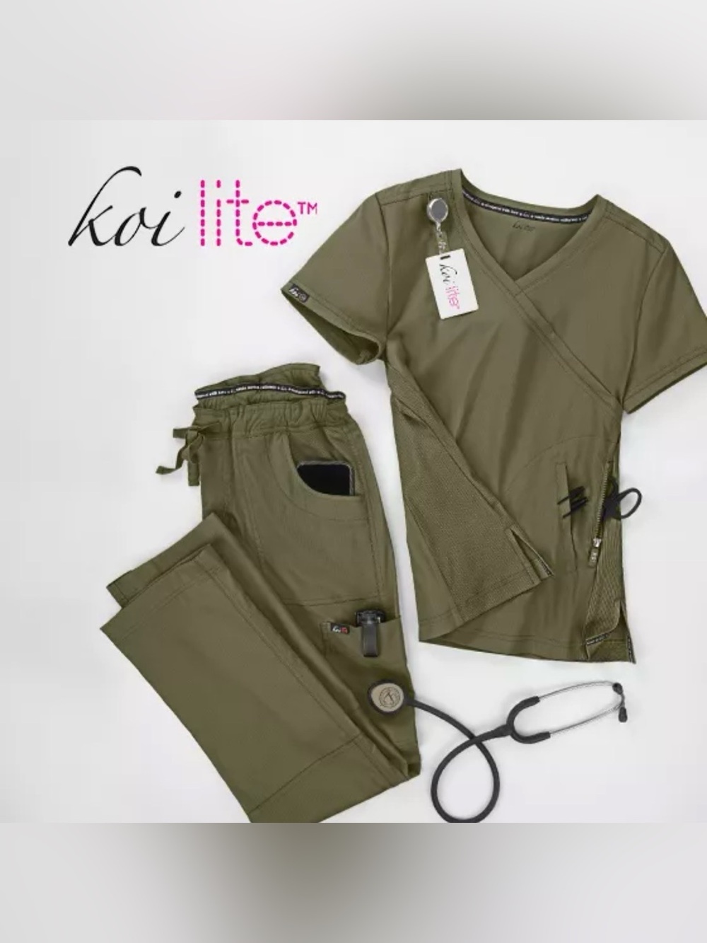 Koi Lite Women's Olive Scrub Top & Drawstring Jogger Pants